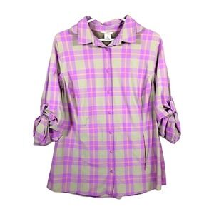 Duluth Trading Co Tan Purple Plaid Roll Tab Button Up Shirt XL Gorpcore Outdoors